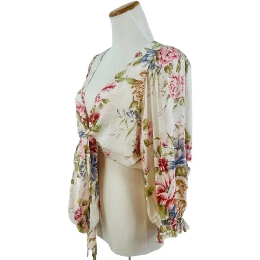 Auguste Vintage Inspired Floral Boho Tie Front Wrap Top Blouse - Picture 5 of 16